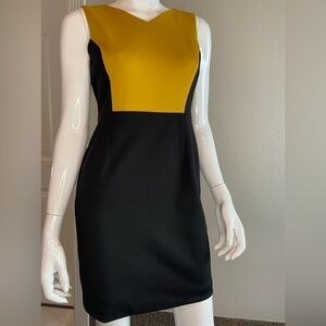 Kasper~NWT~Black & Dijon V-Neck Color Block Mini Sheath Dress~Sleeveless~Size 2P